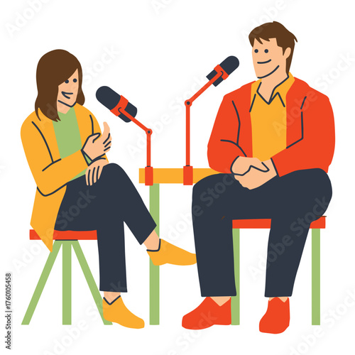 Dynamic podcast interview featuring engaging host and guest, sharing insights and stories, perfect for media, business, or entertainment promotion, scalable vector graphic