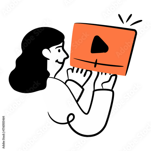 Engaging woman sharing video content, perfect for social media marketing campaigns and online tutorials, a modern media influencer holding a screen with play button