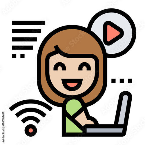 Happy young woman enjoying streaming video online with her laptop, connecting with friends and family, wireless technology empowering communication, online lifestyle