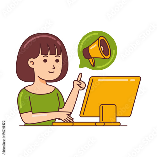 Empowered woman shares marketing strategy online, engaging audience with digital advertising and social media presence, creating buzz and promotion for brand success