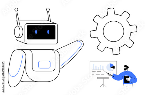 Robot gesturing near a gear icon and a man explaining analytics on a whiteboard. Ideal for technology, AI, automation, data analysis, teamwork, innovation, education themes. Simple flat metaphor