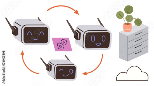 Robots in collaborative workflow with cloud data sync and gears for AI logic, arrows representing process. Ideal for technology, AI, teamwork, automation, data sharing, programming, efficiency