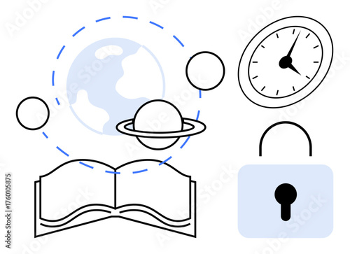 Open book, planets orbiting globe, clock symbolizing time, and lock for security. Ideal for knowledge, time management, education, global ideas exploration security continuous learning. A simple