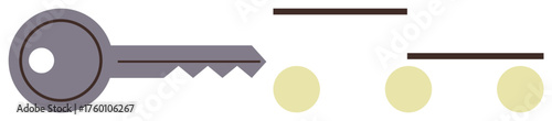 Flat design key with simple geometric shapes, accompanied by line elements and circular dots. Ideal for security, unlocking, protection, simplicity, minimalism, safety and access themes. A simple