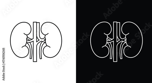 Minimalist line art icon of the human large intestine on black and white backgrounds.