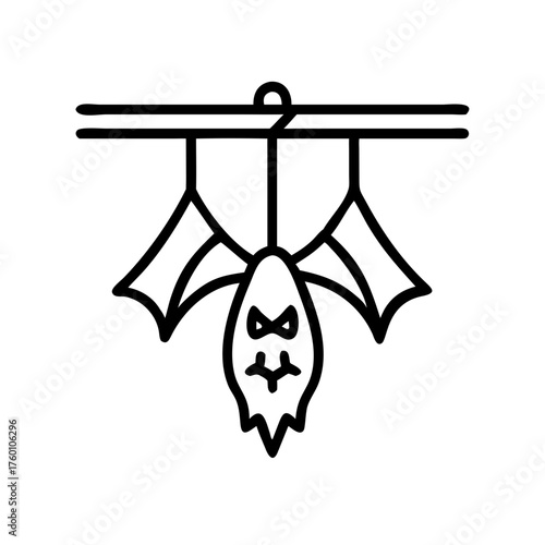 Halloween icon featuring a bat hanging with wings on a wire  