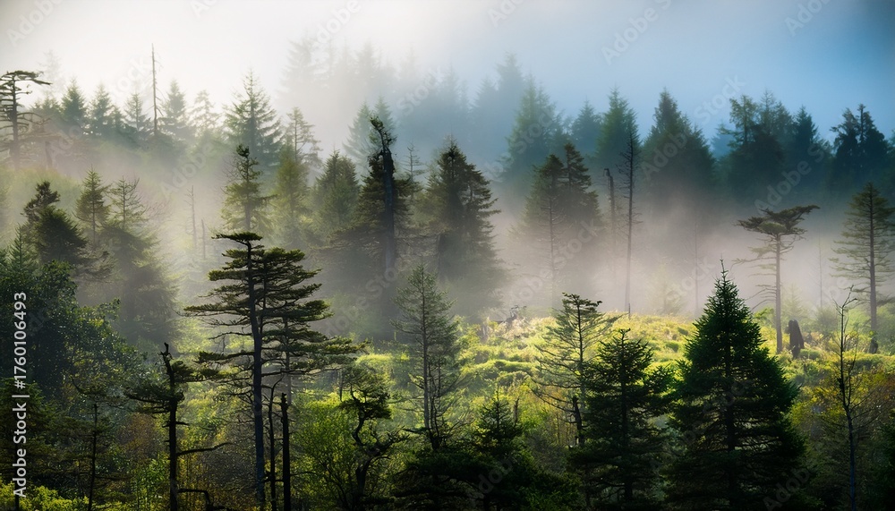 Obraz premium A Forest With Fog And Trees