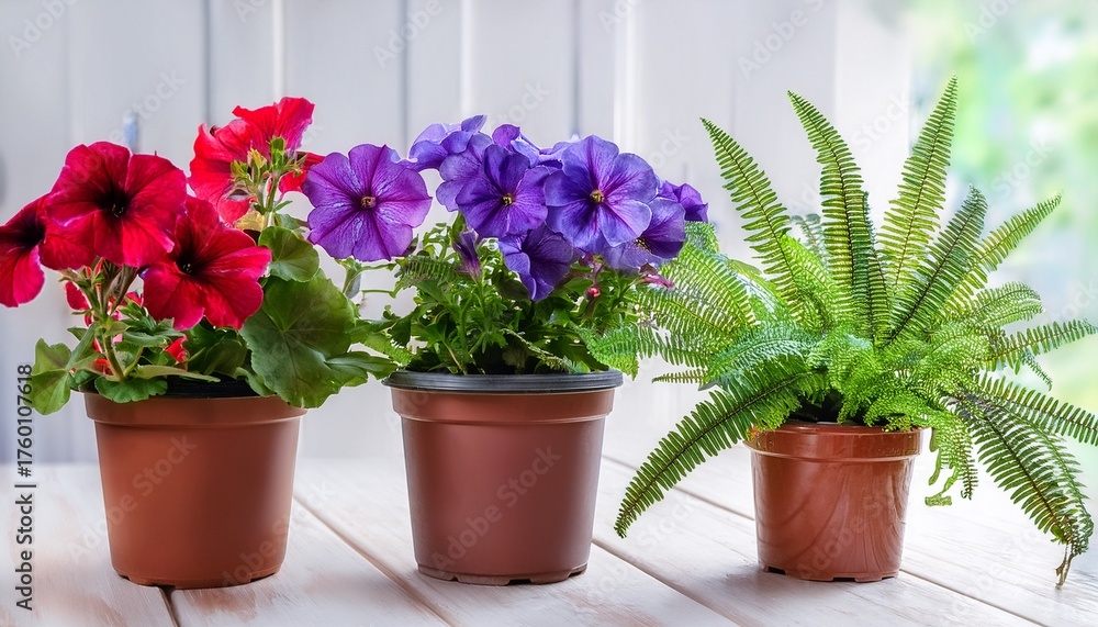 Obraz premium Three Potted Plants Purple Petunias Red Geraniums And A Green Fern Close Together