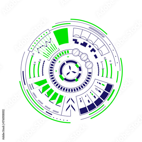 Dynamic futuristic HUD interface design with vibrant green and blue digital elements, perfect for tech innovation and data visualization projects.