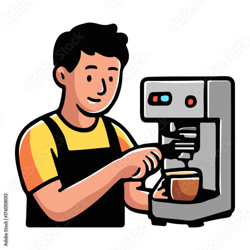 Professional Barista Operating Espresso Machine to Prepare Fresh Coffee in Flat Modern Illustration