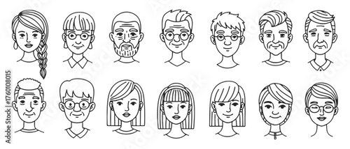 Diversity and Inclusion Concept — Line Art Portraits of Diverse Men and Women with Unique Hairstyles, Ethnicities, and Personalities in Minimal Outline Style