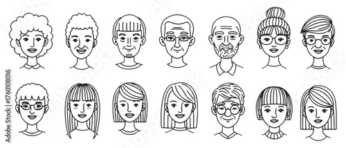 Set of Hand Drawn People Faces in Line Art Style — Diverse Men and Women Portraits with Different Hairstyles and Glasses