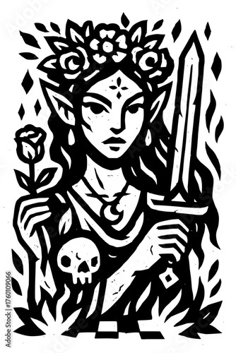Enigmatic monochrome elf wielding sword and rose, floral crown and skull, mysterious graphic novel illustration