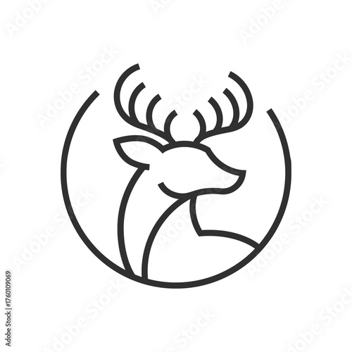 Elegant deer head logo design with minimalist antlers and circular frame, perfect for nature brands and outdoor companies.