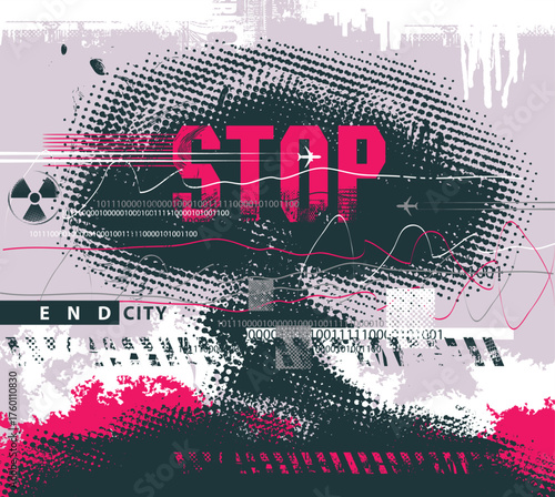 A vector nuclear explosion mushroom cloud with a halftone effect against the backdrop of a modern city with a bloody blaze and stop inscription.  Anti-war posters addressing nuclear war. No ai