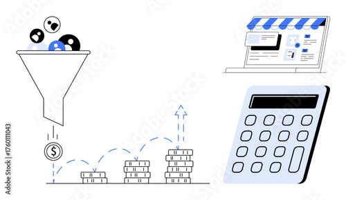 Funnel turning leads into revenue with stacked coins, e-commerce storefront, and calculator. Ideal for marketing, e-commerce, finance, strategy, budgeting sales website analytics. Simple flat