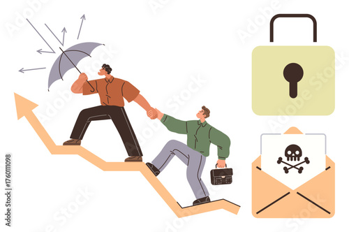 Two individuals climbing arrow graph, holding hands, with an umbrella. Features lock, malicious email. Ideal for cybersecurity, teamwork, protection, financial growth risk management collaboration