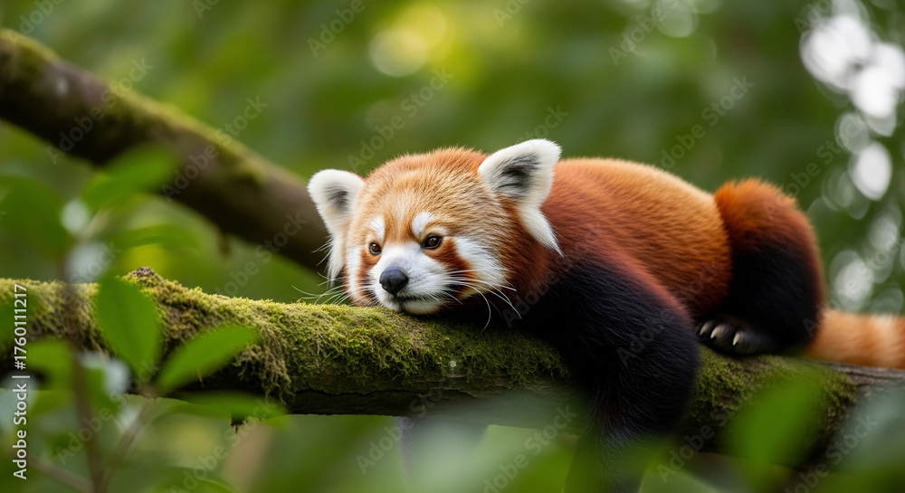 Naklejka premium Red Panda Resting on a Mossy Branch in Lush Greenery.