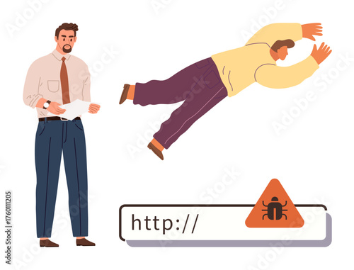 Man holding papers observes as another man appears to be falling due to an online warning with virus icon near a web link. Ideal for cybersecurity, online safety, IT awareness, vulnerability, data