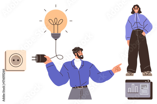 Man holding plug near wall socket, lightbulb glowing above, woman standing on data chart. Ideal for innovation, creativity, teamwork, energy, success presentation modern metaphor. Flat and simple