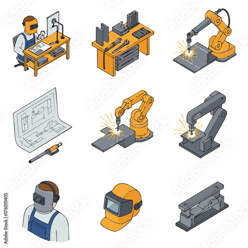 Isometric Detailed Welder and Welding Robot Industry Production Line Illustration
