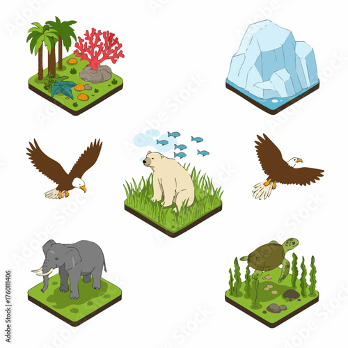 Isometric Nature and Wildlife Animals Illustration in Square Flat Design
