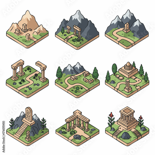 Isometric Pixel Art Ancient Ruin Environment Game Level Tile Set