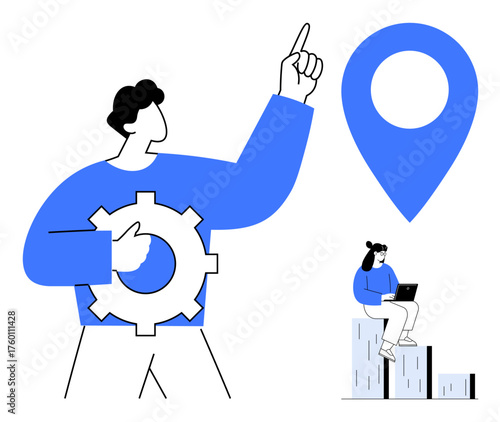 Man holding a gear, pointing to a location marker, woman sitting on growth steps with a laptop. Ideal for teamwork, collaboration, goal setting, innovation, progress, location navigation concepts