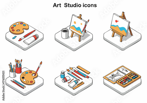 Isometric Pixelated Art Studio Element with Easel and Painting Icon Set