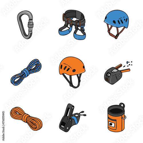 Handdrawn Colorful Climbing Gear Equipment Tools Safety Mountaineering Illustration
