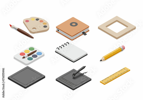 Isometric Creative Stationery Tool and Equipment Illustration on Isolated Background