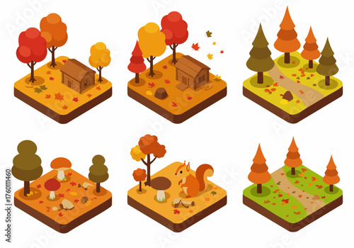 Isometric Detailed Autumn Season Landscaping Environment Nature Element Set