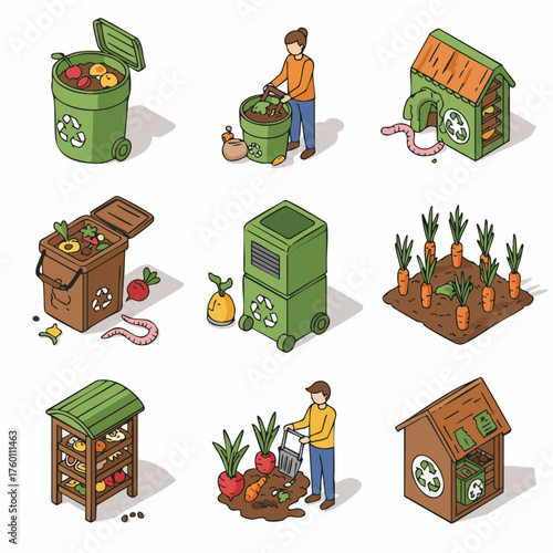 Isometric Composting and Gardening Tools and Equipment Flat Illustration Set