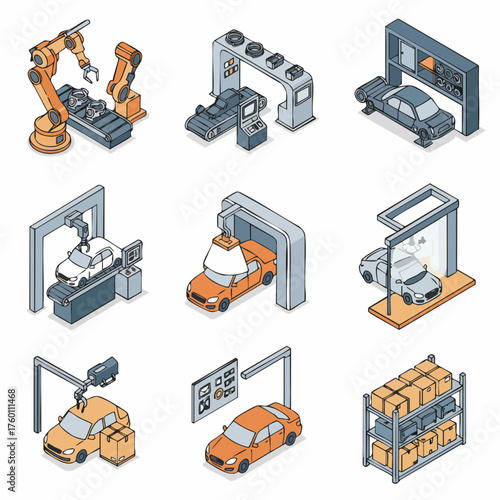 Isometric Pixel Art Automotive Manufacturing Process Assembly Line Factory Stage