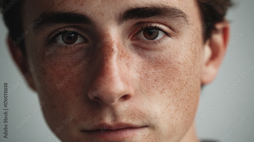 Obraz premium A young boy with prominent freckles looks straight at the camera capturing a moment of honesty and contemplation. His expression reflects youth and innocence in a minimal background.