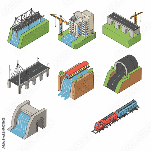 Isometric Pixel Art River Engineering Structures Landscape Elements Set Illustration