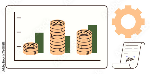Stacked coins on bar graph showing growth, document with signature for agreements, and cogwheel symbolizing operations. Ideal for finance, business strategy, investment, productivity, analysis