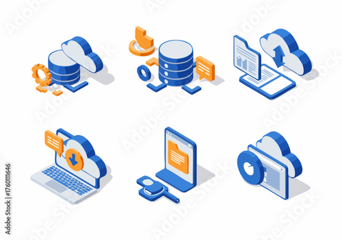 Isometric Cloud Storage Data Transfer Connectivity and Computer Icons Set