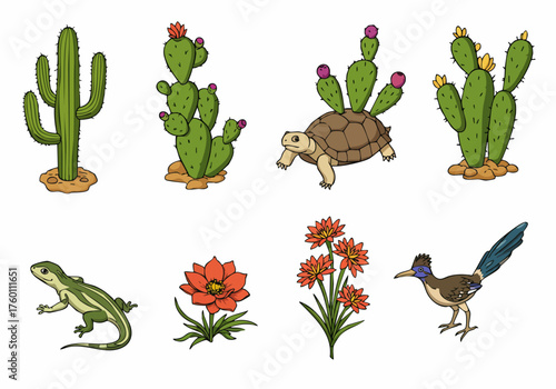 Colorful Pixelated Desert Nature Illustration Set with Flora and Fauna