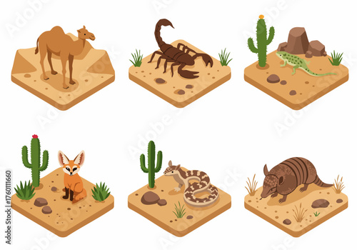 Isometric Detailed Desert Animal and Plant Tile Icon Illustration Set