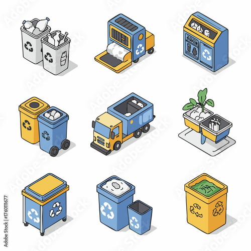 Isometric Detailed Recycling Trash Can Garbage Bin Waste Management Illustration