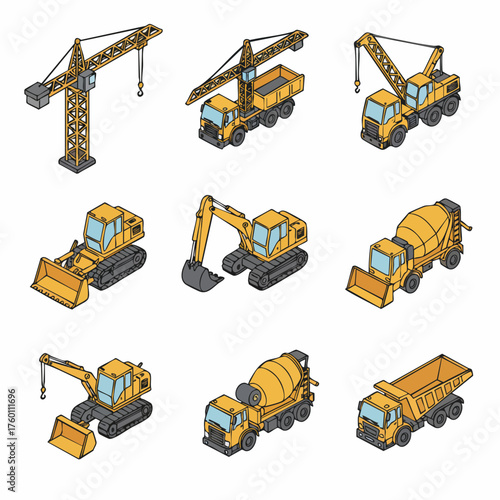 Isometric Pixel Art Construction Vehicle Equipment Transportation Machine Icons Set