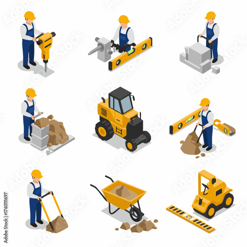 Isometric Detailed Construction Worker Using Heavy Machinery Equipment Set Illustration