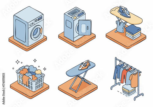 Isometric Detailed Laundry Appliance and Clothing Related Illustration Set