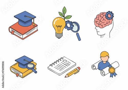 Isometric Line Art Education and Knowledge Icons Set with Learning Elements
