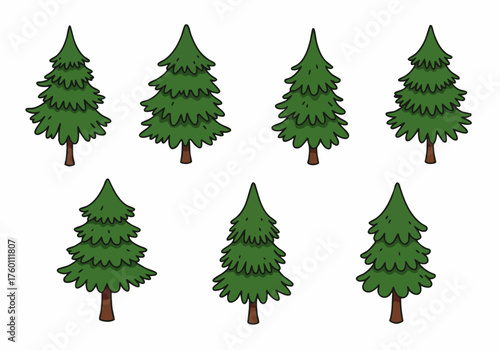 Cute Handdrawn Evergreen Tree Collection Forest Element Isolated on White