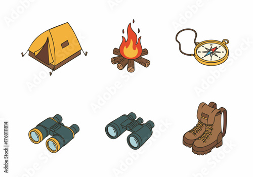 Cute Outline Camping and Adventure Equipment Set Icon Illustration