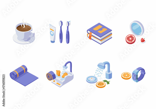 Isometric Relaxing Morning Routine Items Illustration Set for Lifestyle
