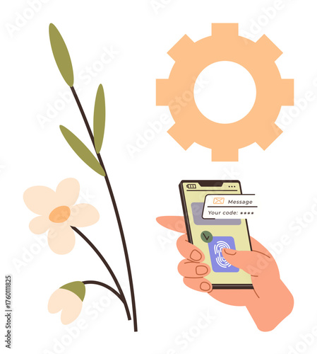 Hand holding smartphone with authentication code interface, alongside a blooming flower and gear. Ideal for technology, security, nature, data, innovation, eco-friendly tech system concept. Simple