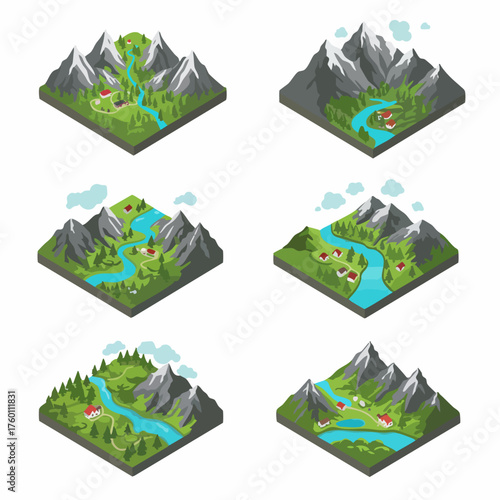 Isometric Detailed Mountain and River Nature Landscape Tile Asset Set
